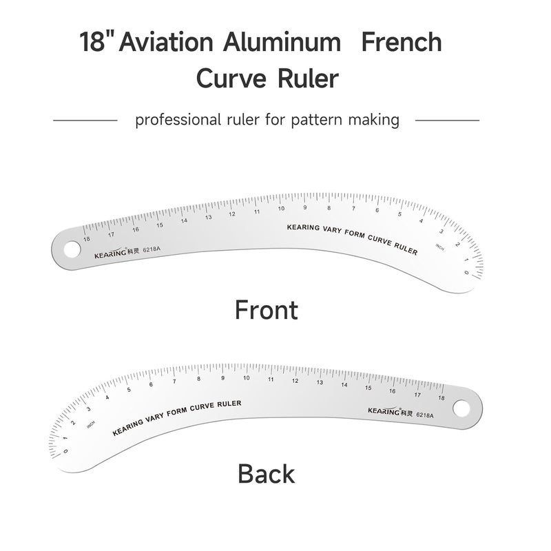 KEARING 18 inch French Curve Ruler, Hip Curve Ruler for Pattern Making, Vary Form Curve Ruler Aviation Quality Aluminum Fashion Designer's Ruler for Sewing, Quilting, Design - Image 3